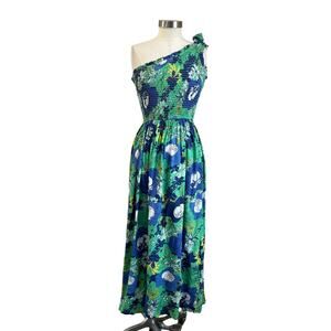 Japna One Shoulder Smocked Maxi Dress Blue Green Floral Boho Vacation Sz Small